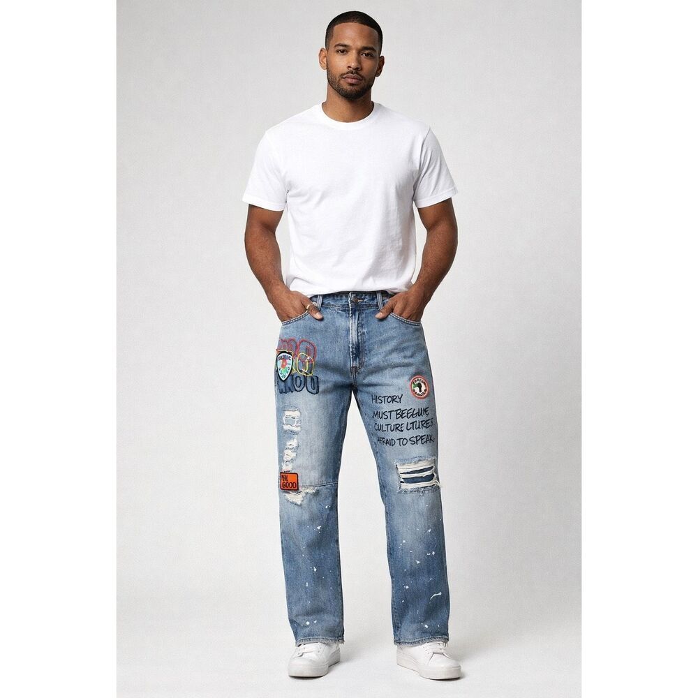 AKOO Mens Distressed Patch Graphic Jeans Size 40 Paint Splatter Denim